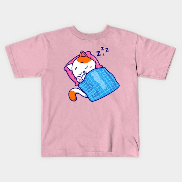 Cute Cat Sleeping With Pillow And Blanket Cartoon Kids T-Shirt by Catalyst Labs